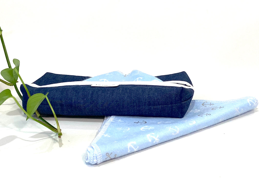 Blue Denim Cotton Dispenser box with Blue Bamboo Handkerchief